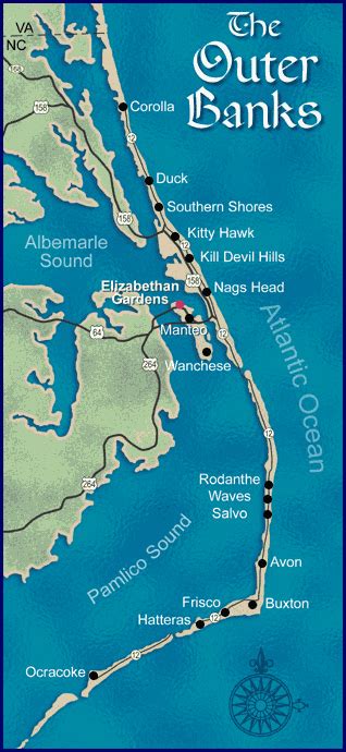 This page shows a map of all 5 lighthouses on the outer banks, it'll give you an idea of the distance to each lighthouse. Maps and Directions | The Elizabethan Gardens