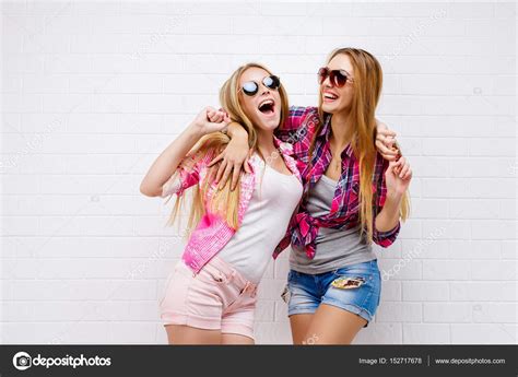 Fashion Portrait Of Two Friends Posing Modern Lifestyle Two Stylish Sexy Hipster Girls Best