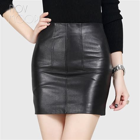 Office Style Ladies Basic Black Genuine Leather Real Lambskin Leather Mini Pencil Skirt Faldas
