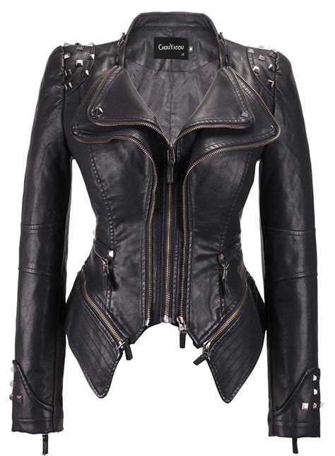 Chouyatou Womens Fashion Studded Faux Leather Biker Jacket