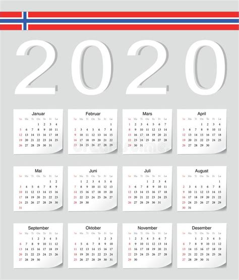 Set Of Norwegian 2020 2021 2022 Year Vector Calendars Stock Vector