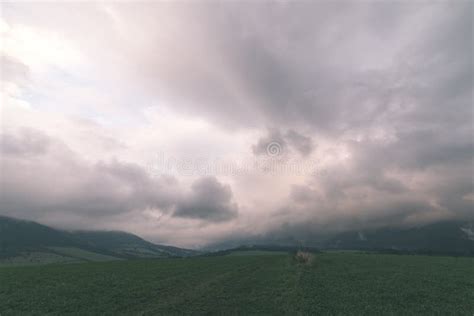 Dark Storm Clouds Over Meadow With Green Grass Vintage Effect Stock