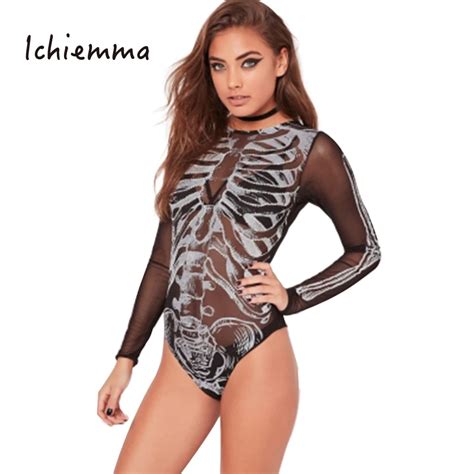 Ichiemma Black Skeleton Print Women Bodysuit Crew Neck Long Sleeve Slim Sheer Halloween Style