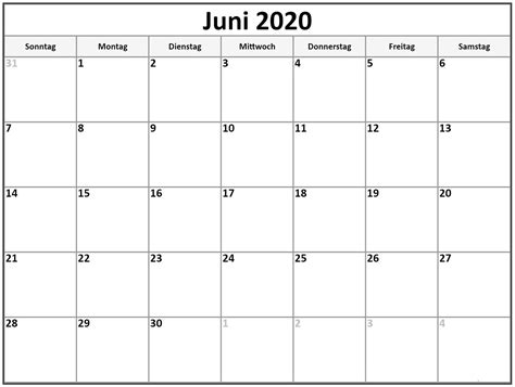 Kalender Juni 2020 Vorlage Druckbarer 2021 Kalender