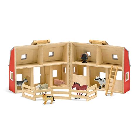 Melissa Doug Fold And Go Wooden Barn With 7 Animal Play Figures Ebay