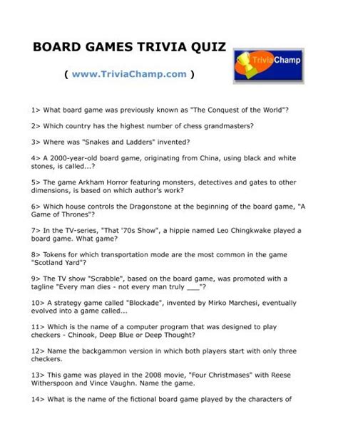 Board Games Trivia Quiz Trivia Champ