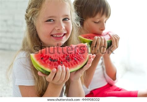Funny Kids Eating Watermelon Child Healthy Stock Photo 444908332