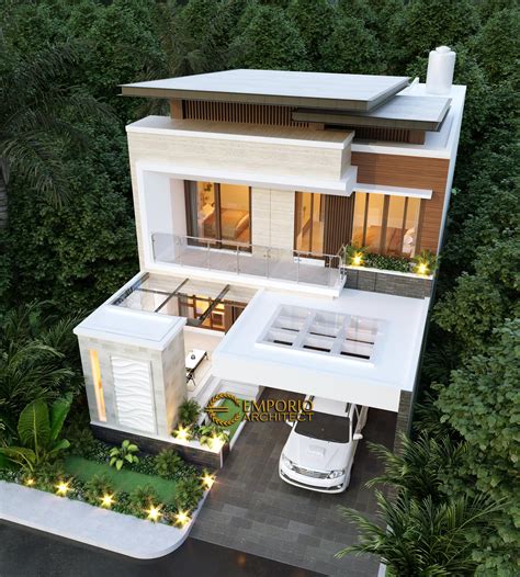 Denah rumah modern 2 lantai, type 225 m2, desain fasad minimalis tropis, lahan 9x22 m2, taman dibelakang rumah & interior living room. Desain Rumah Modern 2 Lantai Bapak Zulfic di Palangka Raya ...