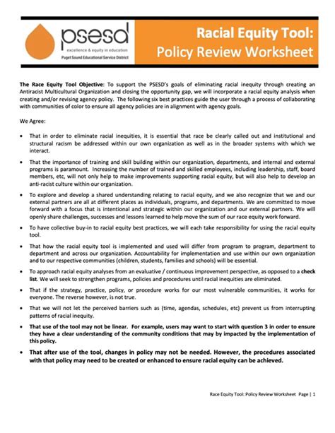 Racial Equity Tool Policy Review Worksheet Chicago Public Schools