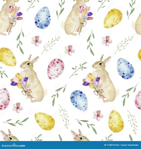 Watercolor Happy Easter Seamless Pattern Spring Botanical Greenery And