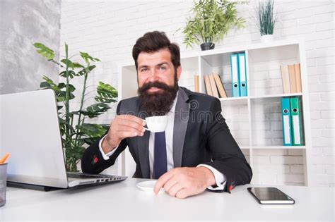 Man Handsome Boss Sit In Office Drinking Coffee Comfy Workspace Stock