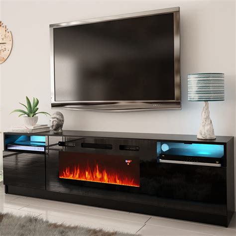 York 02 Black Electric Fireplace Modern 79 Tv Stand By Meble Furniture