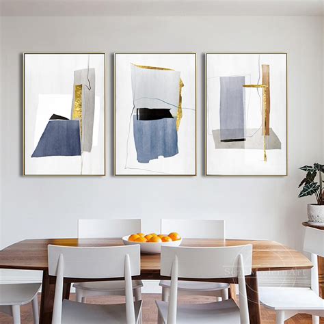 Set Of 3 Frame Wall Art Abstract Geometric Gold Navy Blue Black And