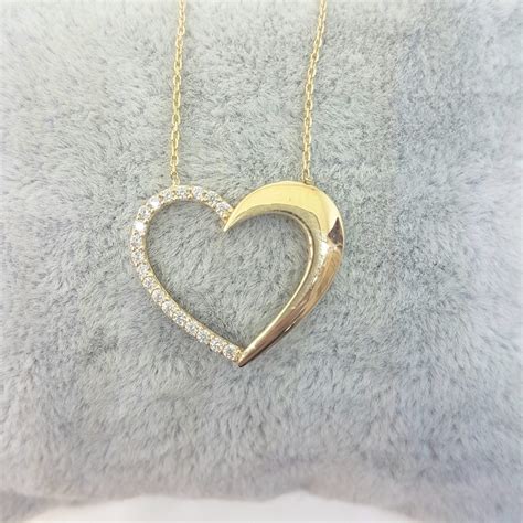 14k Real Solid Gold Open Heart Necklace Half Decorated With Cubic Zirconia Stones