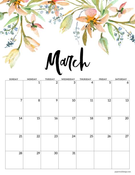 Cute March 2021 Floral Calendar | Print calendar, Calendar printables, Free printable calendar