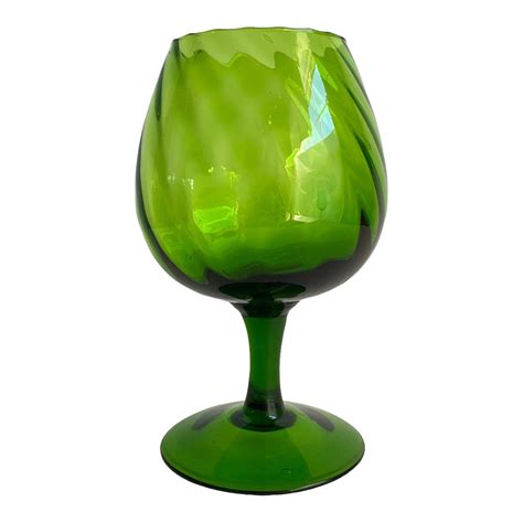 Mid Century Modern Empoli Optic Brandy Snifter Vase Green Swirl Footed Pedestal Bowl 1960s