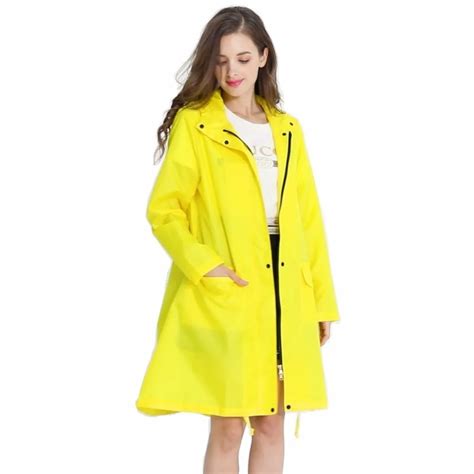 Womens Stylish Solid Yellow Rain Poncho Waterproof Raincoat With Hood