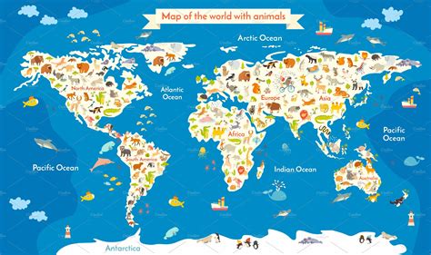 Map Of The World With Animals Pre Designed Illustrator Graphics