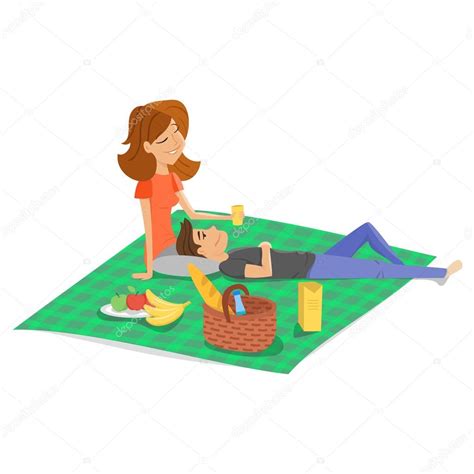 Vector Cartoon Style Illustration Of Young Happy Couple Having Picnic