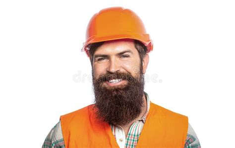Builder In Hard Hat Foreman Or Repairman In The Helmet Bearded Man