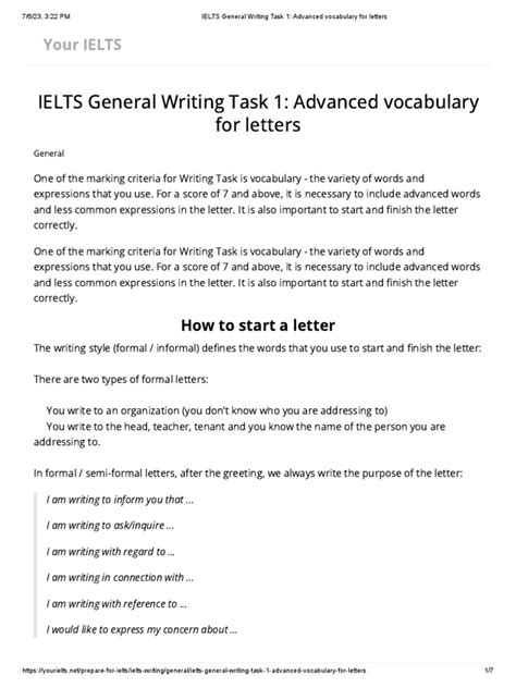 Ielts General Writing Task 1 Advanced Vocabulary For Letters Pdf