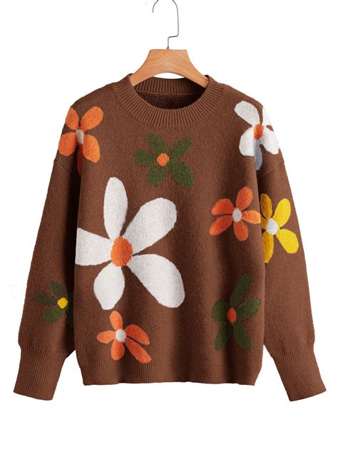Drop Shoulder Flower Pattern Sweater