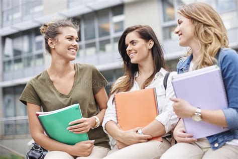 Three Student Girls On Campus Stock Image Image Of Attractive