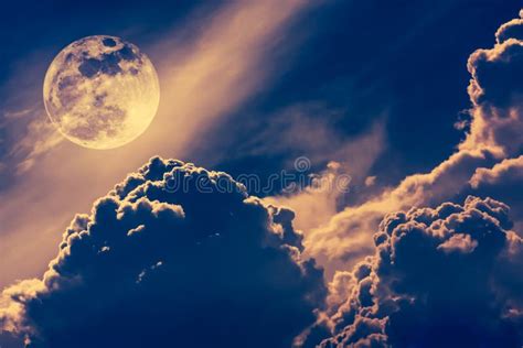 Nighttime Sky With Clouds And Bright Full Moon With Shiny Vint Stock