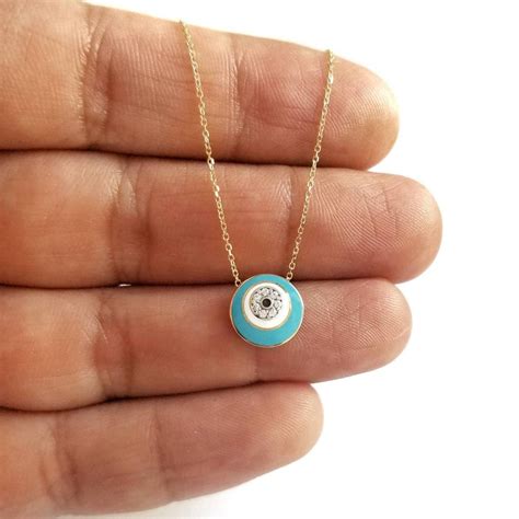 K Greek Evil Eye Necklace K Yellow Solid Gold White Cubic Etsy