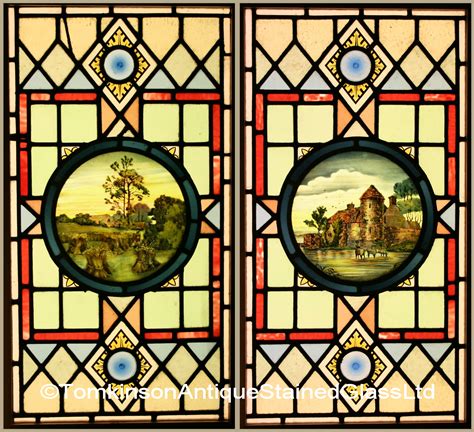 Ref Ed276 2 Edwardian Stained Glass Windows Edwardian Country Scenes Set A Tomkinson