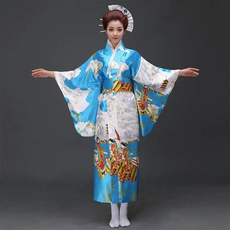 Blue Traditional Japanese Women Kimono Yukata With Obi Sexy Party Dress Vintage Halloween