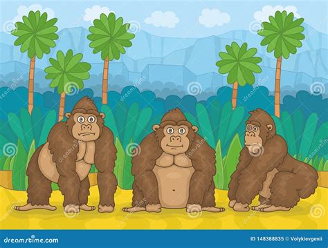 Three Gorillas On A Podium Royalty Free Cartoon