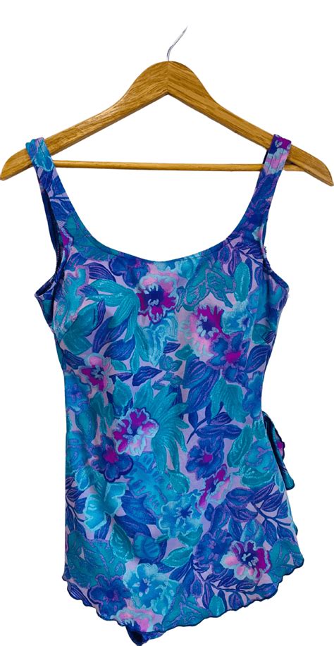 80 s blue and purple floral one piece swimsuit by retro vintage shop thrilling