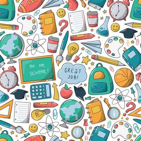 School Seamless Pattern With Hand Drawn Doodles Cartoon Supplies On