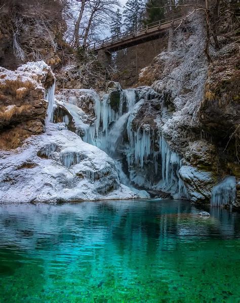 Slovenia Winter Snow Ice Bridge Lake Water Reflections Ravine