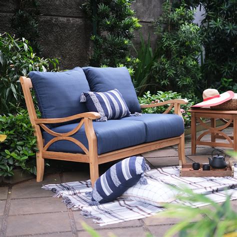 Abbington Solid Teak Wood Outdoor Loveseat with Navy Cushion