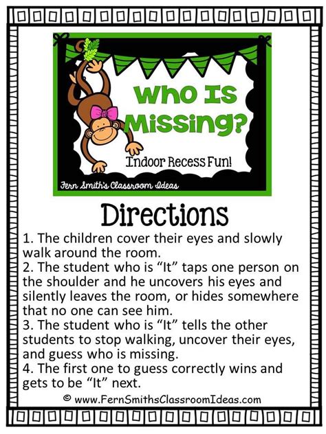 I love this approach, because i think choice is a really important element for kids and i want them to have some control over at the beginning of the indoor recess period, i'd ask if anyone brought something to share, and let the kids show their games and toys. Indoor Recess ~ Who Is Missing Directions | Classroom ...