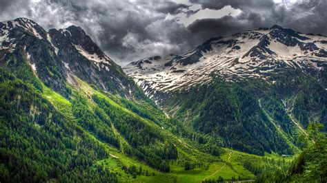 Nature Landscape Forest Snowy Peak Clouds Spring Swiss Alps