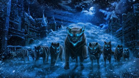 Picture Wolves Running Fantasy Snow Moon Night Time 1920x1080