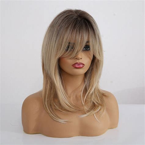 long straight wigs with bangs women layered ombre ash brown ladies blonde hair ebay