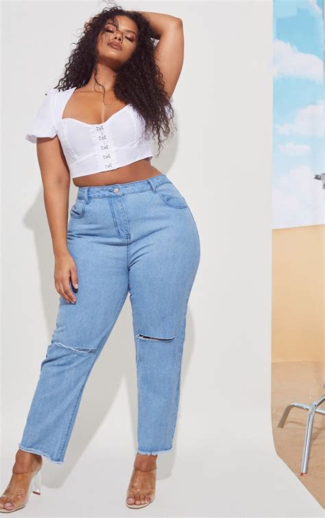 Plus Light Blue Fray Hem Ripped Jeans Crop Top Outfits Crop Top