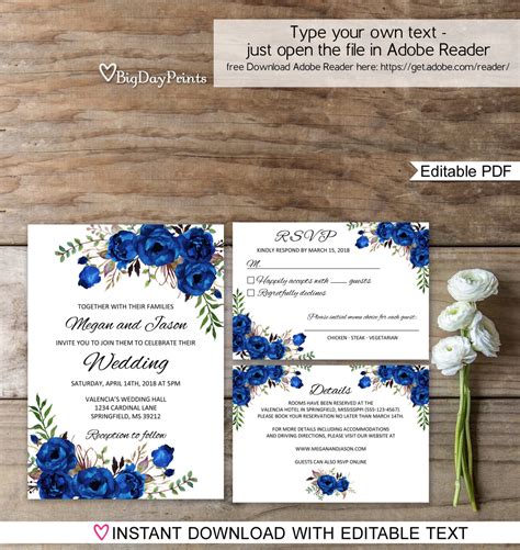 Blue Wedding Invitation Template Royal Blue Wedding Etsy