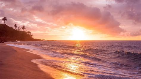 Free Tropical Island Sea Beach Sunset Waves Wallpaper