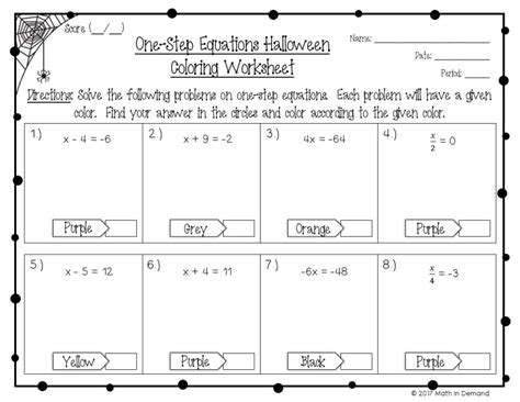 **camping picture is shown, more themes available below**. One-Step Equations Halloween Coloring Worksheet