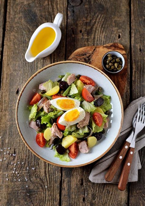 French Salad Nicoise With Tuna Boiled Potatoes Egg Green Beans Tomatoes Dried Olives