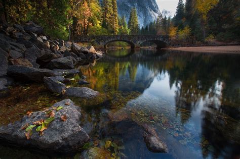 Nature Landscape Rock Bridge Water River Trees Forest Mountain Leaves Reflection