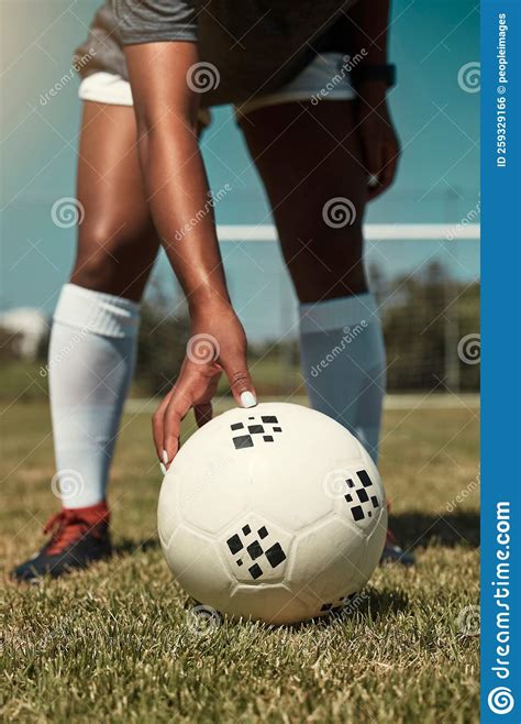Hand Placing And Soccer Ball On Field For Free Kick Penalty Or Goal