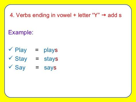 4 verbs ending in vowel letter “y” add s example play play s