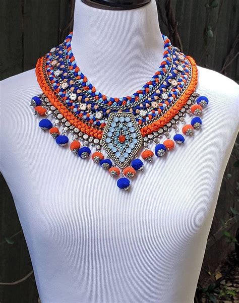 woven statement bib necklace with pom poms chunky boho necklace large bib necklace blue