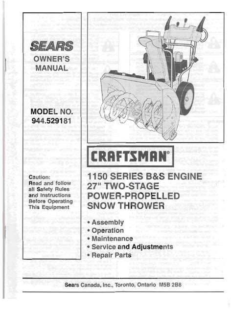 Sears Owners Manual Model No 944529181 Craftsman 1150 Series Bs Engine